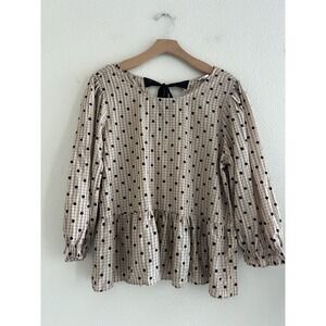 Blu Pepper Polka Dot Tan Top Women's XL Puff Sleeves Peplum Coquette Feminine